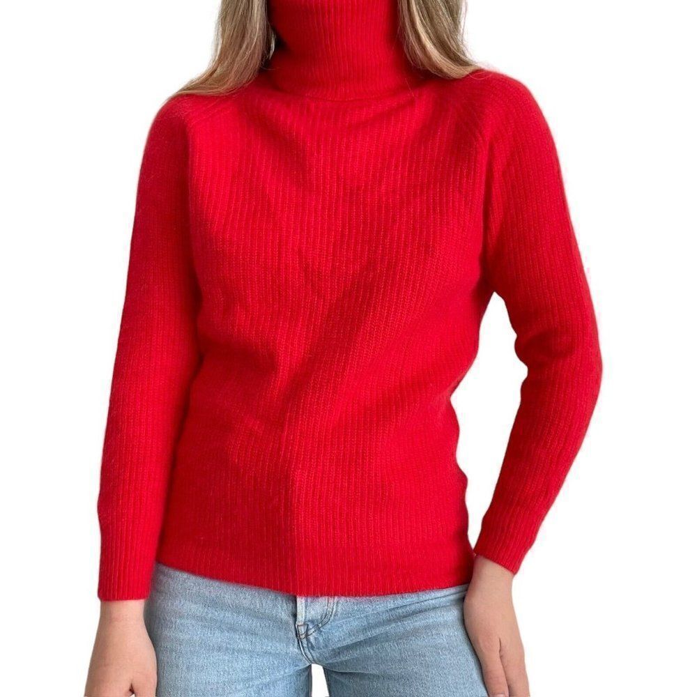 Vintage 80s Womens Casual Corner Red Angora Blend Ribbed Turtleneck Sweater Sz S